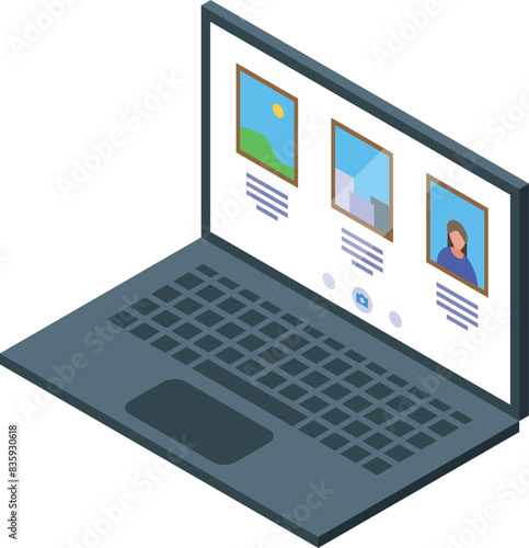 3d isometric illustration of a laptop showing a series of photographs and a profile icon on its screen
