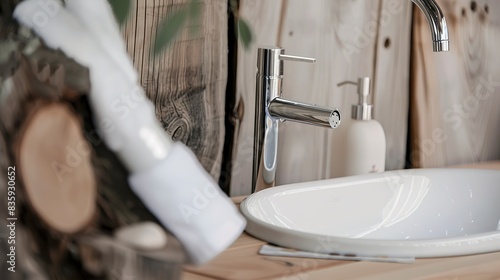 Eco-friendly bathroom, close-up on upcycled vanity with a low-flow faucet, soft focus, neutral light  photo