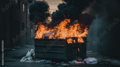 Raging Dumpster Fire Flames and Smoke in Urban Alley