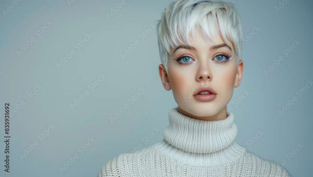 A beautiful woman with short blonde hair laughing against a white background. Beautiful woman with blonde hair and glamorous makeup in a close-up studio portrait