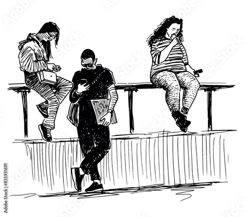 Young citizens resting, standing, sitting, looking at phone, modern, silhouette, realistic, male female, three persons, sketch, hand drawing, vector, isolated on white