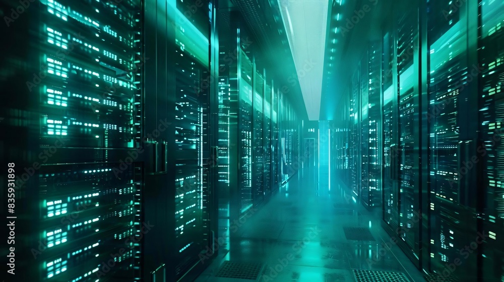 Fototapeta premium Futuristic bulwark safeguarding a web of terminals from virtual perils, evoking a scifi ambiance