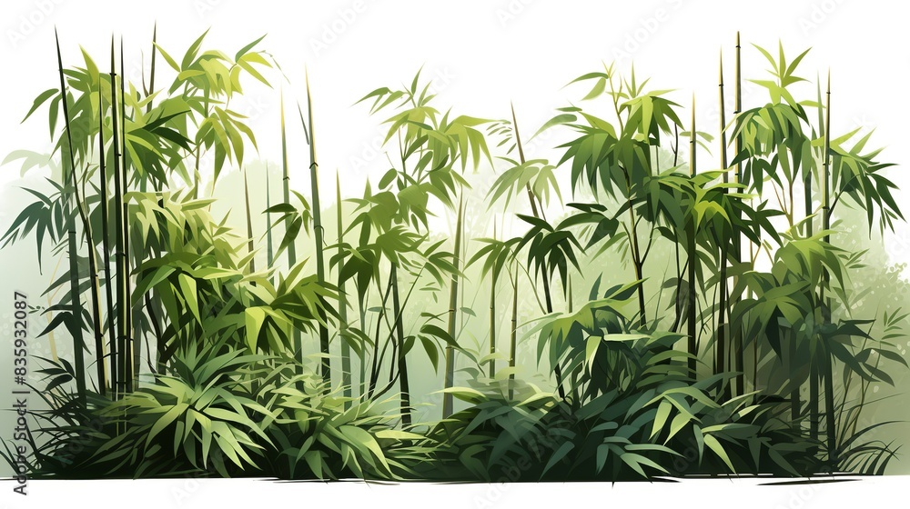 Obraz premium A tranquil bamboo grove with sunlight filtering through the dense canopy, casting enchanting patterns of light and shadow. Painting Illustration style, Minimal and Simple,