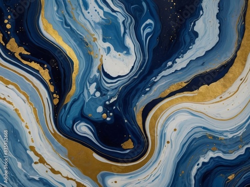 Abstract Swirling Blue, White and Gold Marble Texture Background