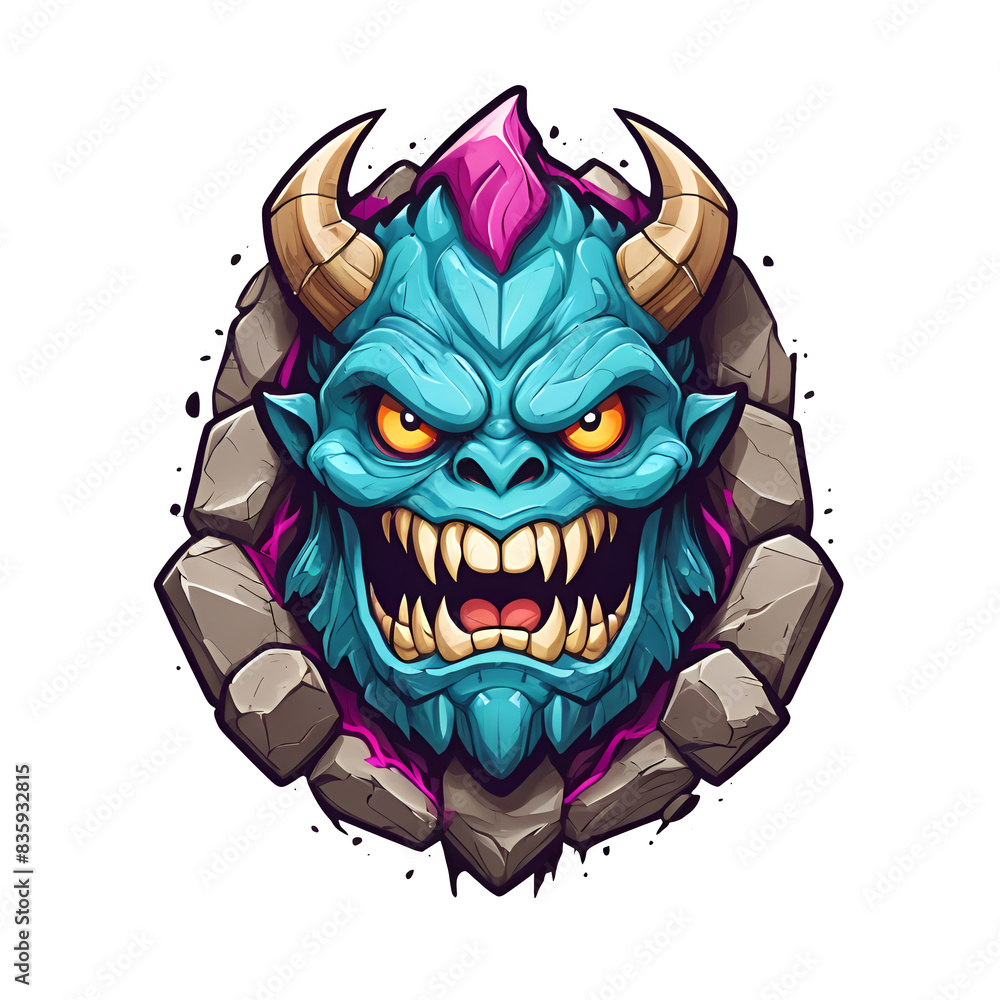 A blue monster with horns and a mouth full of teeth A blue monster with horns and a mouth full of teeth