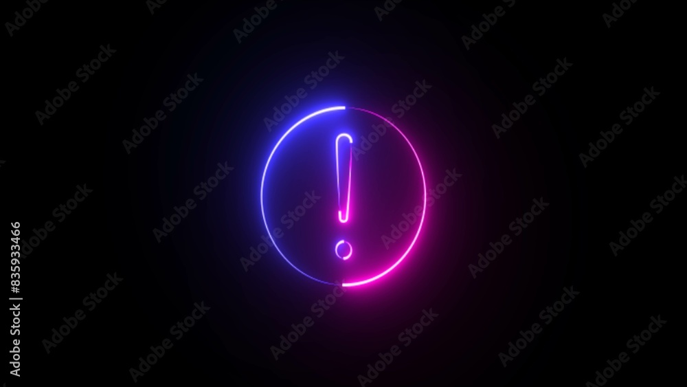 Blue and pink color glowing neon line circle with exclamation mark. Neon circle warning sign icon illustration. Neon warning icon on black background. Blue and pink color glowing neon line circle with exclamation mark. Neon circle warning sign icon illustration. Neon warning icon on black background.