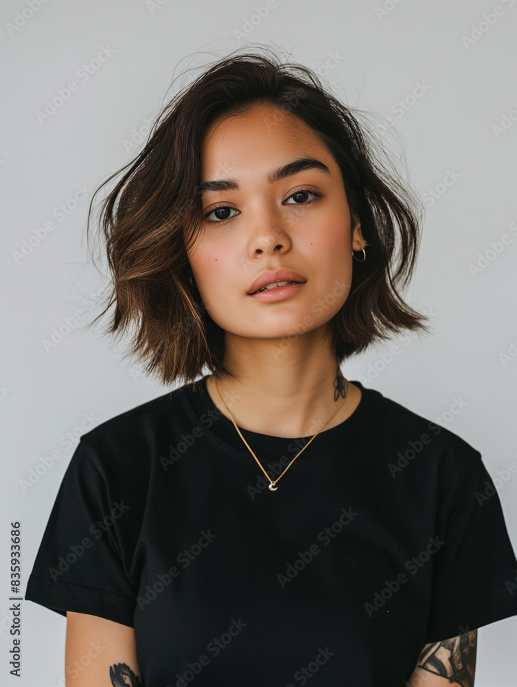 Confident young woman with tattoos, dressed in a black t-shirt, showcasing contemporary style and personal expression Confident young woman with tattoos, dressed in a black t-shirt, showcasing contemporary style and personal expression
