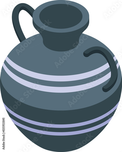 Vector illustration of a decorative isometric clay pot with striped design and two handles, showcasing traditional pottery craftsmanship, in gray and purple, isolated on white background