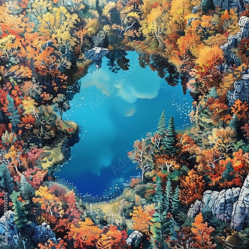 5. Bird s-eye view  serene lake  surrounded by autumn foliage  reflection  breathtaking scenery  hyper detailed