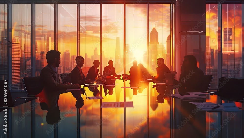 A group of business people in silhouette standing against the backdrop of an illuminated city skyline at sunset, and bokeh creating a dreamy atmosphere, symbolizing unity success work. A group of business people in silhouette standing against the backdrop of an illuminated city skyline at sunset, and bokeh creating a dreamy atmosphere, symbolizing unity success work.