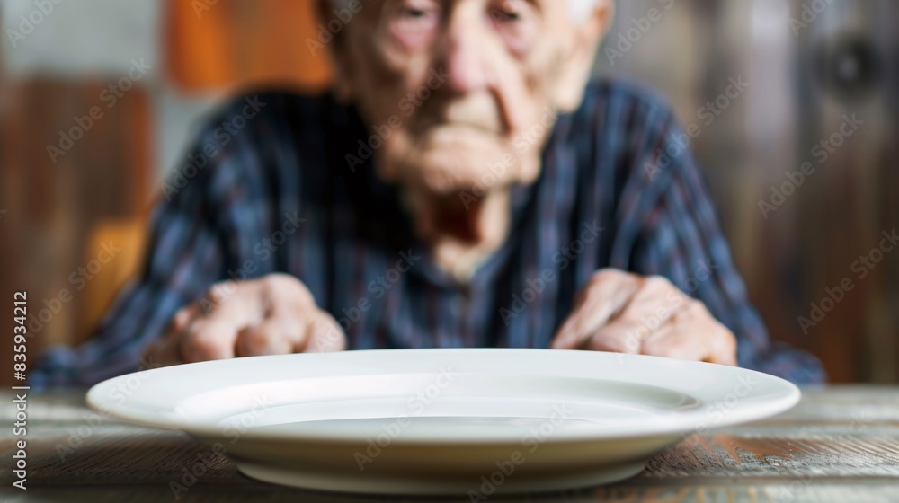 A mature person with nutritional deficiencies sits in front of an empty plate, highlighting the harsh reality of elder poverty and undernutrition A mature person with nutritional deficiencies sits in front of an empty plate, highlighting the harsh reality of elder poverty and undernutrition