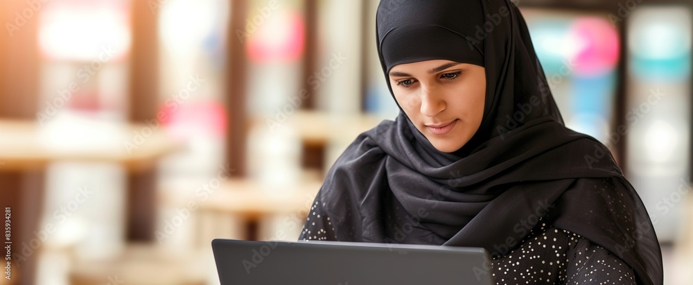 Portrait of a young successful muslim woman in hijab works with a laptop Portrait of a young successful muslim woman in hijab works with a laptop