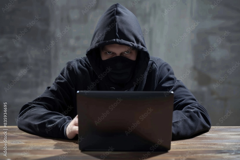 Hacker in hood hacking at computer in dark room. Computer criminal uses malware to hack devices Hacker in hood hacking at computer in dark room. Computer criminal uses malware to hack devices
