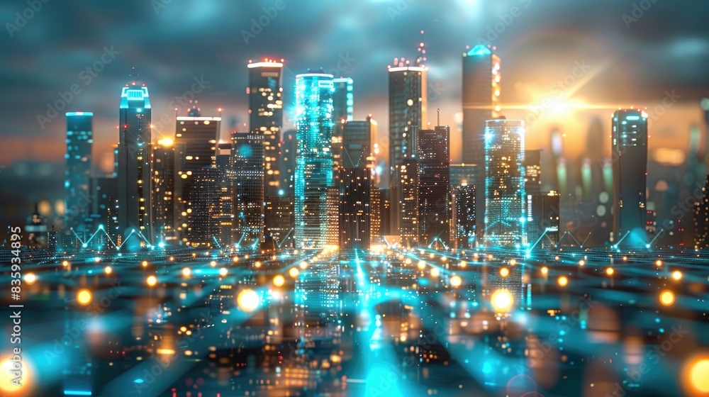 Futuristic infrastructure of a smart night city. Blue neon colors. Connection technology metaverse concept. Night city banner with big data. Device connection. 3d artwork