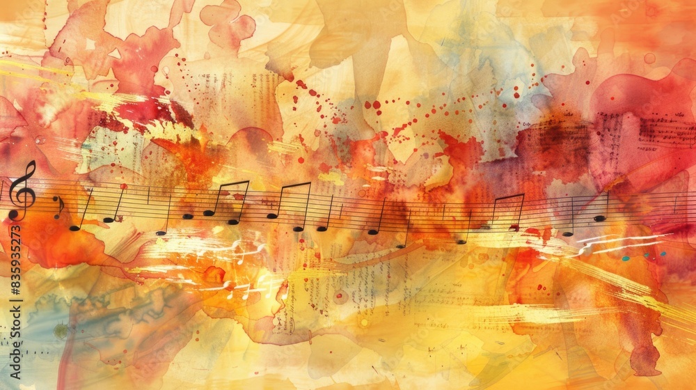 Fototapeta premium abstract musical long narrow background with notes watercolor