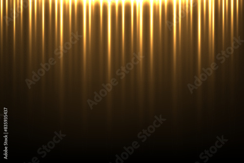Gold light vertical lines on black background. Glowing abstract futuristic shiny pattern. Bright rays on dark background. Golden stage curtain. Vector illustration