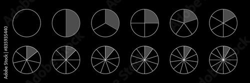 Pie chart divided in segments from 1 to 12 isolated on black background. Circle graph. Wheel with sections. Round graphic diagram cut in equal parts in outline style