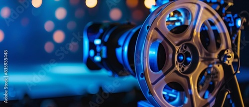 Close-up of a vintage film reel and camera, illuminated by colorful lights, capturing the essence of cinema and movie-making in a studio. photo