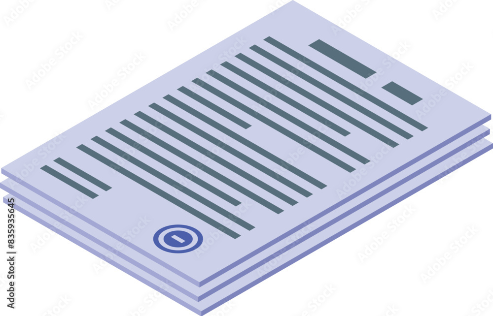 Isometric illustration of a neat stack of documents with a blue approval stamp on top Isometric illustration of a neat stack of documents with a blue approval stamp on top
