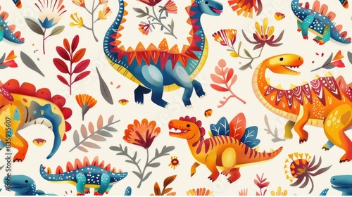A group of dinosaurs in a bright and sunny meadow  with green grass and colorful flowers