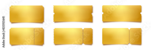 Gold empty tickets templates set. Golden vector coupon, stickers or discount tags mockups collection isolated on white background. Cinema, theater, concert, party, event, festival invitation entrance