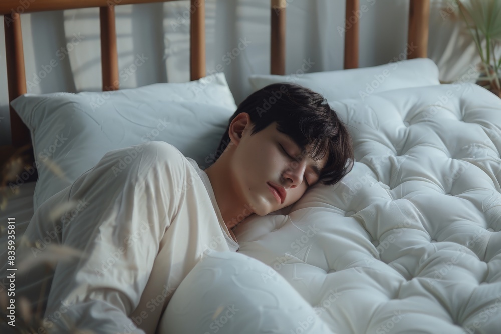 Peaceful young man sleeping in a comfortable bed alone at home, enjoying his orthopedic mattress and cozy pillow. Good sleep concept. Copy space Peaceful young man sleeping in a comfortable bed alone at home, enjoying his orthopedic mattress and cozy pillow. Good sleep concept. Copy space