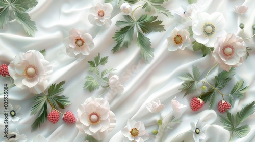 texture of white silk fabric with a pattern of anemones and raspberries