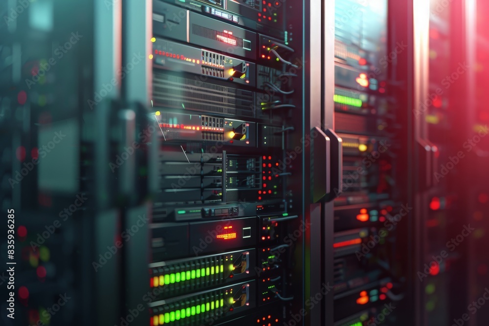 Server racks in computer network security server room data center, 3d rendering. Computer digital drawing Server racks in computer network security server room data center, 3d rendering. Computer digital drawing