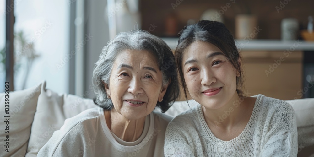 Japanese adult woman and her old mother sitting on the couch hugging. ai generated Japanese adult woman and her old mother sitting on the couch hugging. ai generated