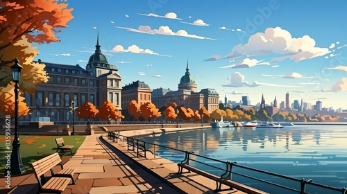 A bustling city waterfront with scenic promenades, waterfront restaurants, and recreational activities, offering a picturesque setting for leisure and relaxation. Painting Illustration style, Minimal photo