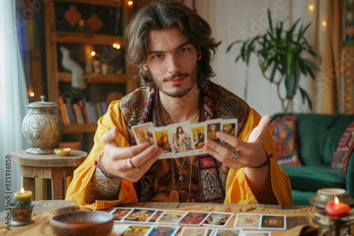 Young male fortune-teller with tarot cards recording video for blog at home. Copy space
