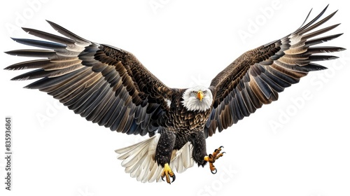 A bald eagle soaring through the air with its wings spread, showcasing its majestic beauty © Fotograf