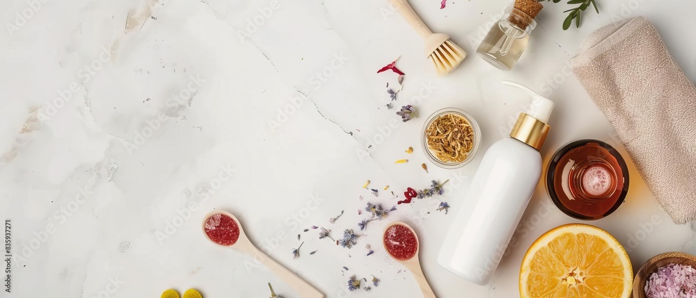 Top view of natural spa essentials including a white bottle, scrub brush, essential oils, and dried flowers on a marble background. Top view of natural spa essentials including a white bottle, scrub brush, essential oils, and dried flowers on a marble background.