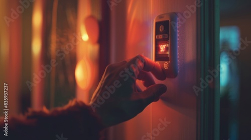 A person presses a button on a wall, a common action in various settings photo