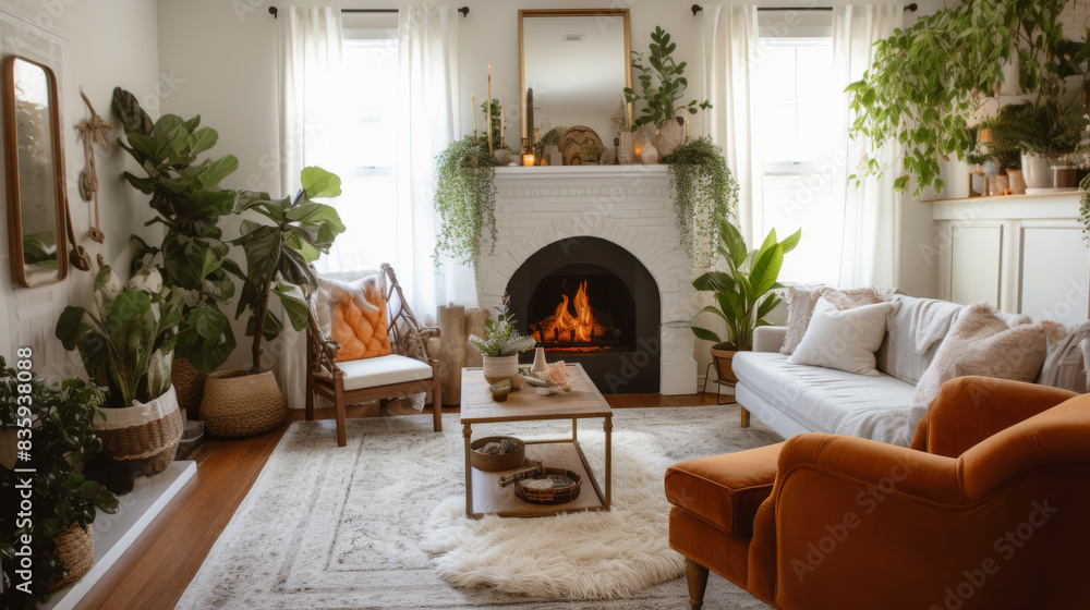Living room with a fireplace and houseplants Living room with a fireplace and houseplants