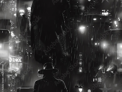 36 Hardboiled detective, rain-soaked street, city lights, noir style, hyper detailed photo