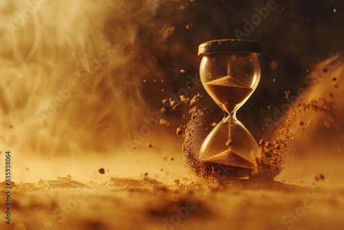 Hourglass flying to dust on a light background. The concept of little time, time is running away. Death, end of life, late. copy space