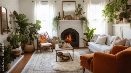 Living room with a fireplace and houseplants