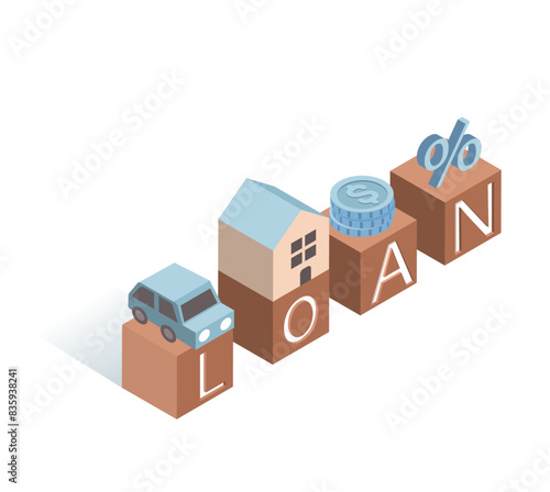  an isometric  illustration of a house, car and a loan