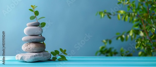 Balanced stack of smooth stones with green foliage on blue background  symbolizing zen  tranquility  and harmony in nature.