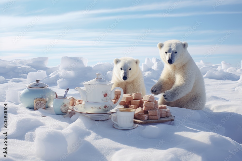 Tea on the Tundra: Arctic-themed tea and pastries in a snowy tundra landscape. Tea on the Tundra: Arctic-themed tea and pastries in a snowy tundra landscape.