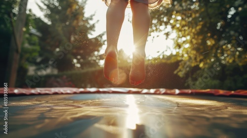 A young girl having fun jumping on a trampoline outside in the sunshine photo
