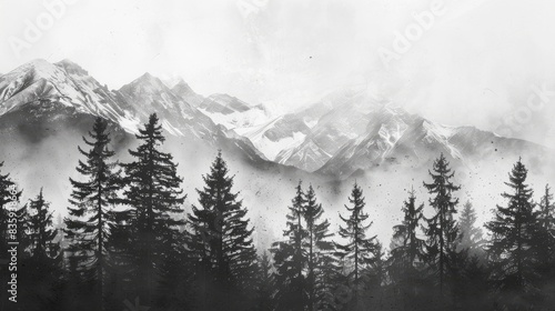 Snow capped mountains in black and white forest