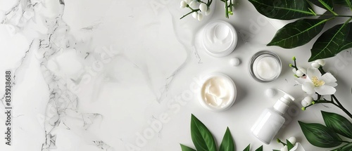Flat lay of skincare creams and white flowers on marble background. Spa and beauty concept with natural cosmetic products and green leaves.
