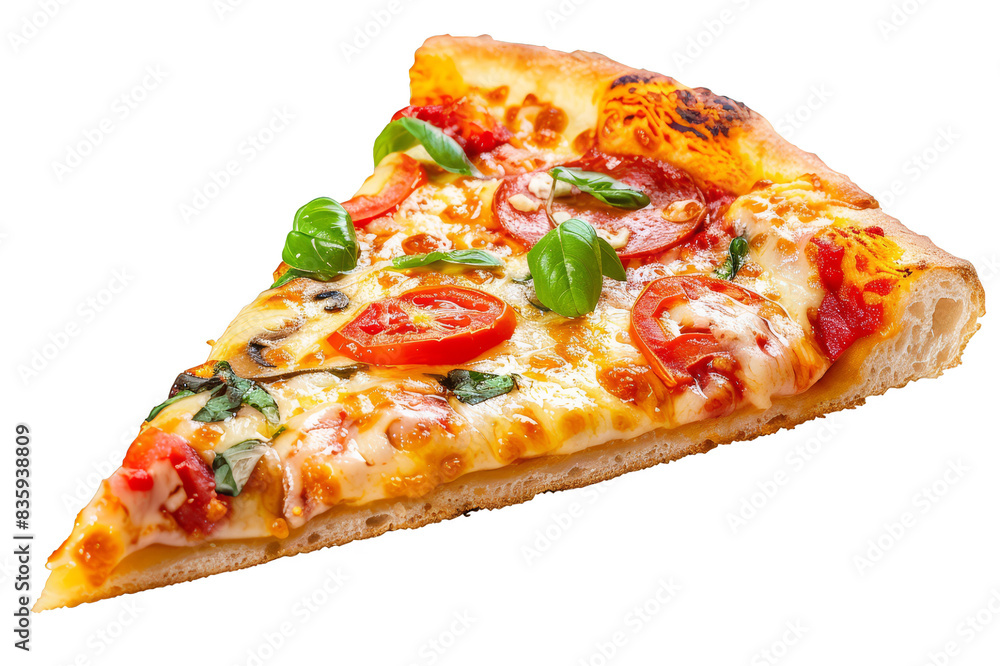 Piece of pizza with tomatoes and herbs on a transparent background Piece of pizza with tomatoes and herbs on a transparent background