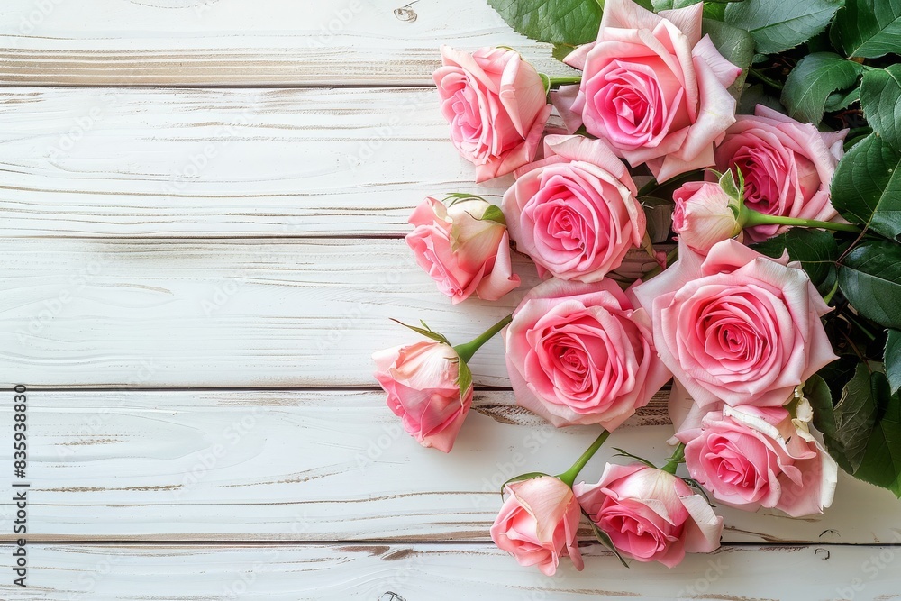 Bouquet of beautiful pink roses on a white wooden background with copy space for text, Top view, wedding, anniversary, birthday, valentine, easter, summer, spring banner Bouquet of beautiful pink roses on a white wooden background with copy space for text, Top view, wedding, anniversary, birthday, valentine, easter, summer, spring banner