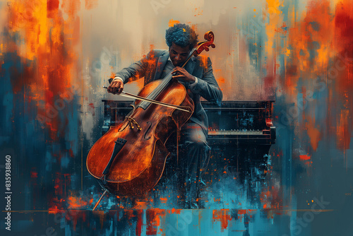 A jazz musician playing the cello with an upright piano in background, depicted as an abstract vector art piece. Abstack art illustration.

 photo