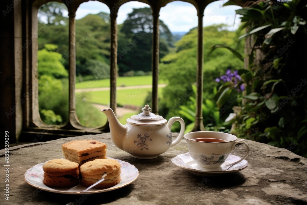 Tea in the Castle Gardens: Earl Grey and English scones in the gardens of an old English castle. Tea in the Castle Gardens: Earl Grey and English scones in the gardens of an old English castle.