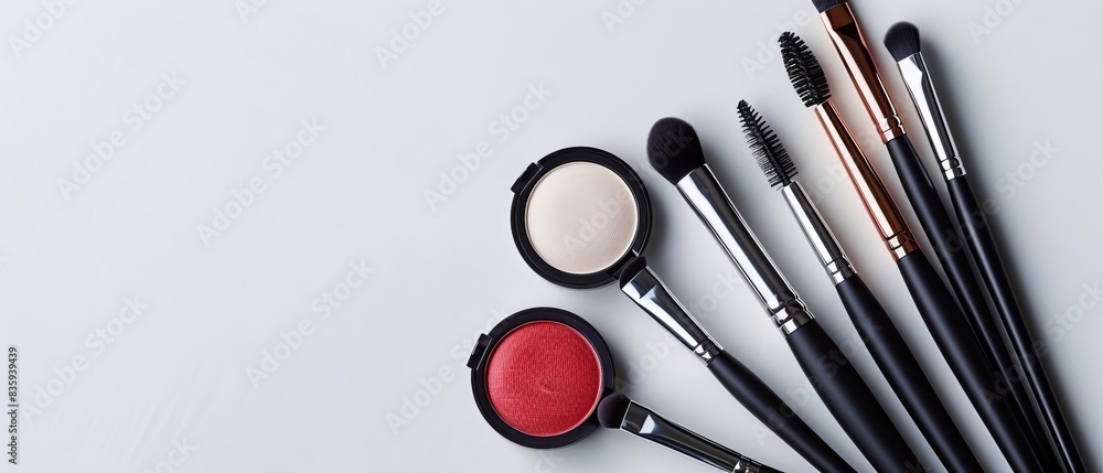 Top view of makeup brushes and blushes on a light background. Perfect for beauty and cosmetics themes in photography and advertising. Top view of makeup brushes and blushes on a light background. Perfect for beauty and cosmetics themes in photography and advertising.