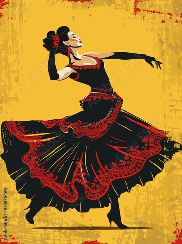 Flamenco Dancer Illustration with Vibrant Dress and Passion on Yellow Background photo